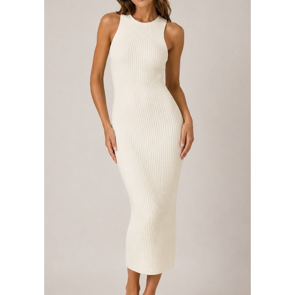Meshki Ivory Ribbed Sleeveless Midi Dress